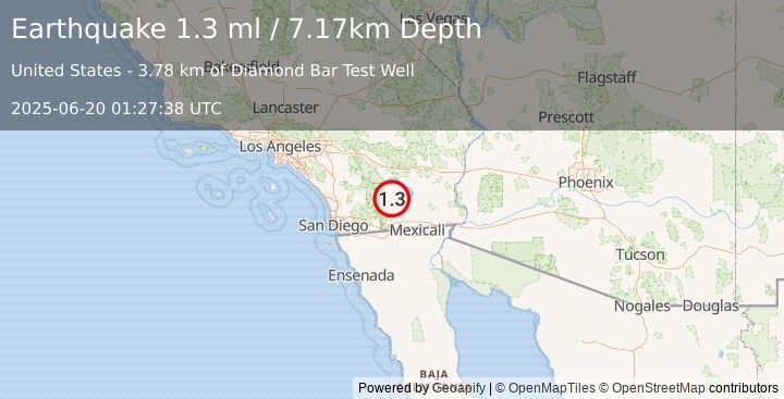 Earthquake 14 km E of Ocotillo Wells, CA (1.3 ml) (2025-06-20 01:27:38 UTC)