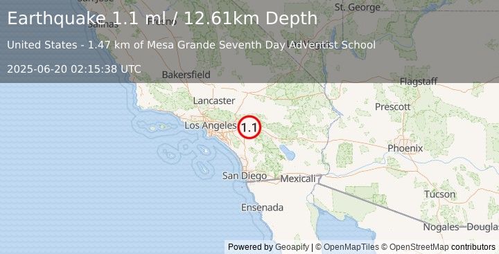 Earthquake 4 km ENE of Calimesa, CA (1.1 ml) (2025-06-20 02:15:38 UTC)