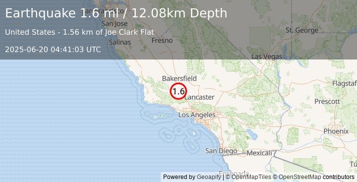 Earthquake 11 km NE of Pine Mountain Club, CA (1.6 ml) (2025-06-20 04:41:03 UTC)