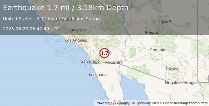 Earthquake 11 km NNE of Ocotillo Wells, CA (1.7 ml) (2025-06-20 06:47:49 UTC)