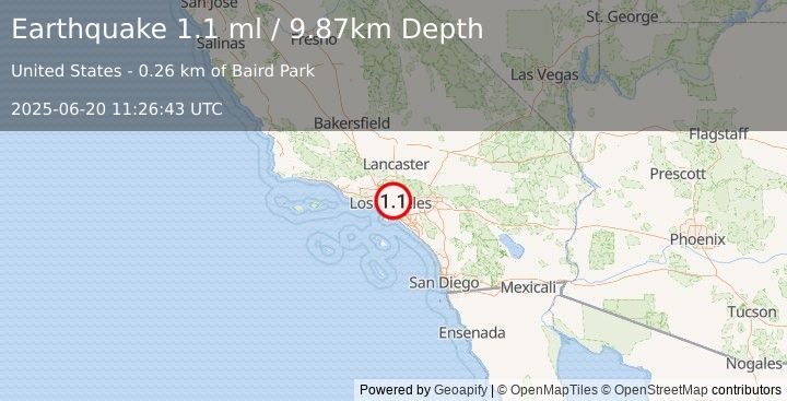 Earthquake 4 km SSE of Highland Park, CA (1.1 ml) (2025-06-20 11:26:43 UTC)