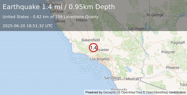 Earthquake 8 km E of Lebec, CA (1.4 ml) (2025-06-20 18:51:32 UTC)