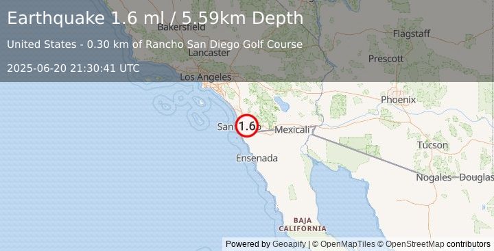 Earthquake 2 km ESE of Rancho San Diego, CA (1.6 ml) (2025-06-20 21:30:41 UTC)
