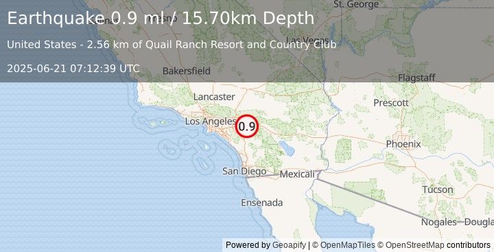 Earthquake 8 km SSW of Calimesa, CA (0.9 ml) (2025-06-21 07:12:39 UTC)