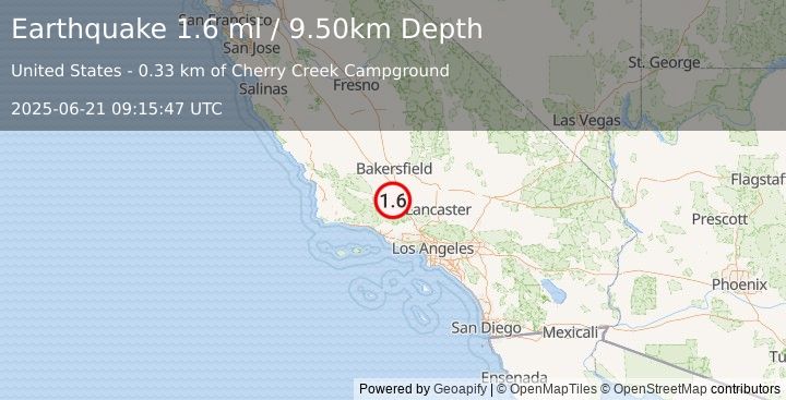 Earthquake 9 km WNW of Frazier Park, CA (1.4 ml) (2025-06-21 09:15:46 UTC)