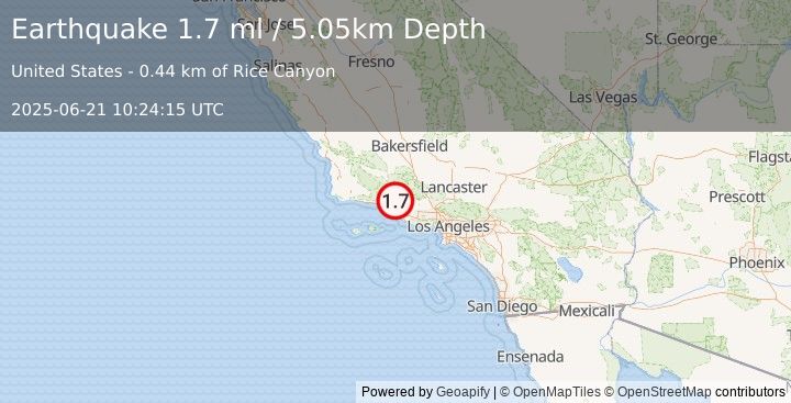 Earthquake 4 km WSW of Ojai, CA (1.7 ml) (2025-06-21 10:24:14 UTC)