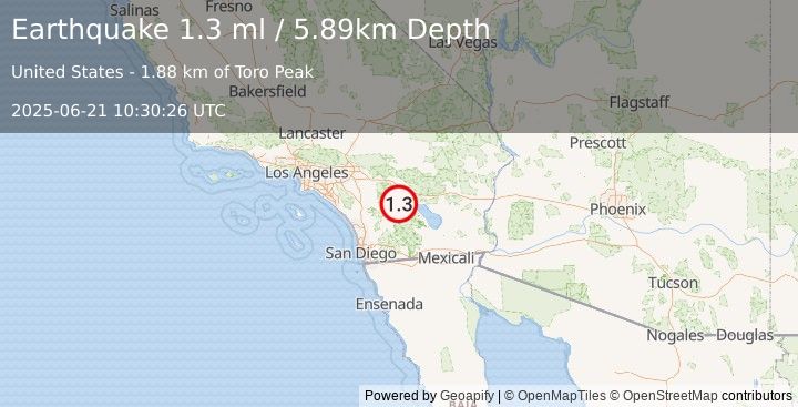 Earthquake 17 km SSW of La Quinta, CA (1.3 ml) (2025-06-21 10:30:26 UTC)