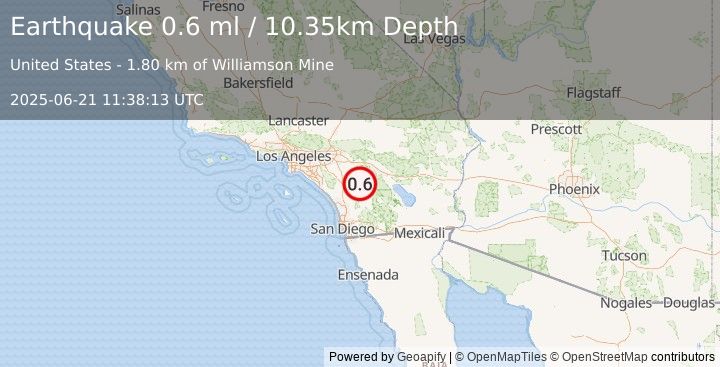 Earthquake 10 km W of Anza, CA (0.6 ml) (2025-06-21 11:38:13 UTC)