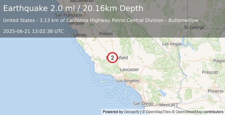 Earthquake 13 km E of Buttonwillow, CA (2.0 ml) (2025-06-21 13:02:38 UTC)