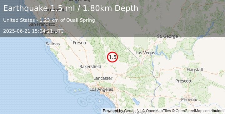 Earthquake 17 km NNW of Searles Valley, CA (1.5 ml) (2025-06-21 15:04:21 UTC)