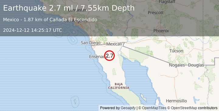 Earthquake 69 km WSW of Alberto Oviedo Mota, B.C., MX (2.6 ml) (2024-12-12 14:25:16 UTC)