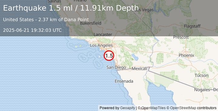 Earthquake 4 km SSE of Dana Point, CA (1.5 ml) (2025-06-21 19:32:03 UTC)