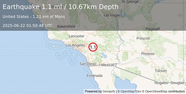 Earthquake 5 km E of Cabazon, CA (1.1 ml) (2025-06-22 01:50:48 UTC)