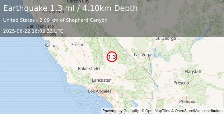 Earthquake 29 km N of Searles Valley, CA (1.3 ml) (2025-06-22 16:03:33 UTC)