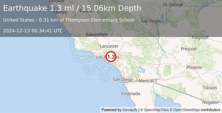 Earthquake 2 km ENE of El Monte, CA (1.3 ml) (2024-12-13 00:34:41 UTC)