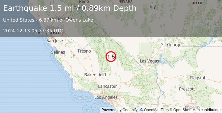 Earthquake 19 km NE of Olancha, CA (1.5 ml) (2024-12-13 05:37:35 UTC)