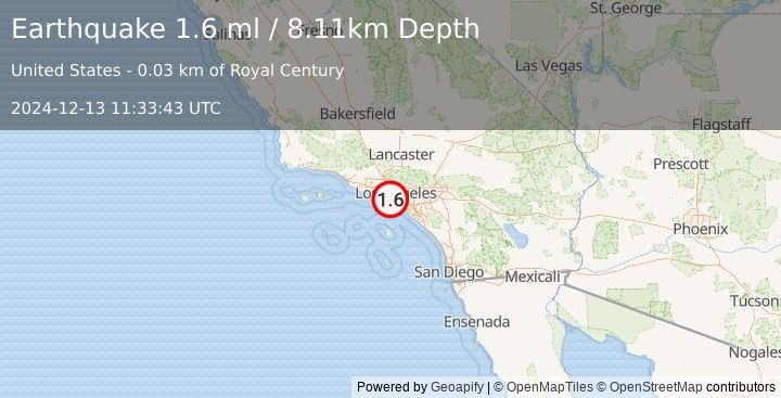 Earthquake 1 km N of Lennox, CA (1.6 ml) (2024-12-13 11:33:43 UTC)