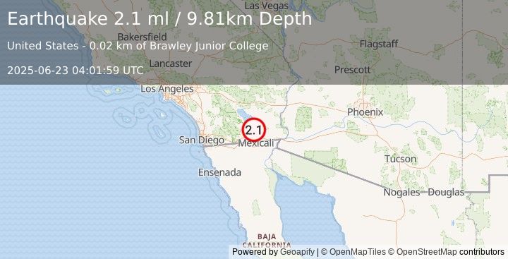 Earthquake 1 km NW of Brawley, CA (2.1 ml) (2025-06-23 04:01:59 UTC)