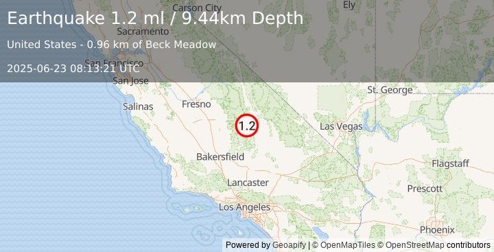 Earthquake 19 km SW of Olancha, CA (1.2 ml) (2025-06-23 08:13:21 UTC)