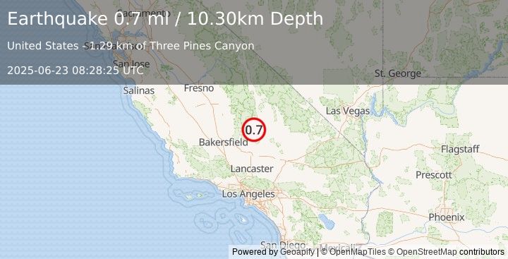 Earthquake 23 km WNW of Inyokern, CA (0.7 ml) (2025-06-23 08:28:25 UTC)
