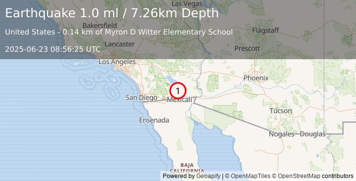 Earthquake 1 km SW of Brawley, CA (1.0 ml) (2025-06-23 08:56:25 UTC)