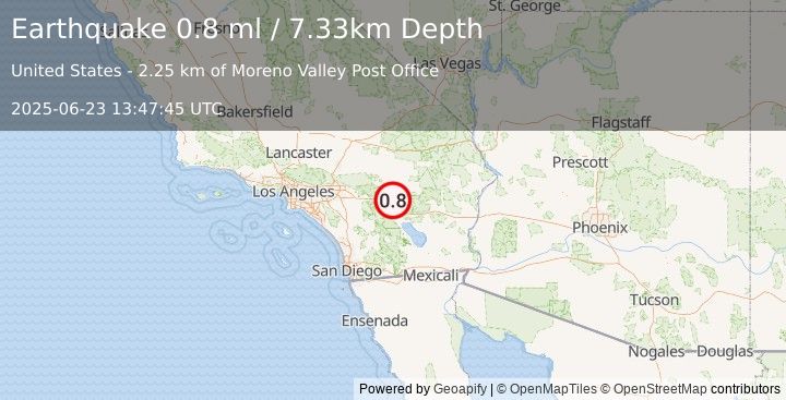 Earthquake 17 km ENE of Thousand Palms, CA (0.8 ml) (2025-06-23 13:47:45 UTC)