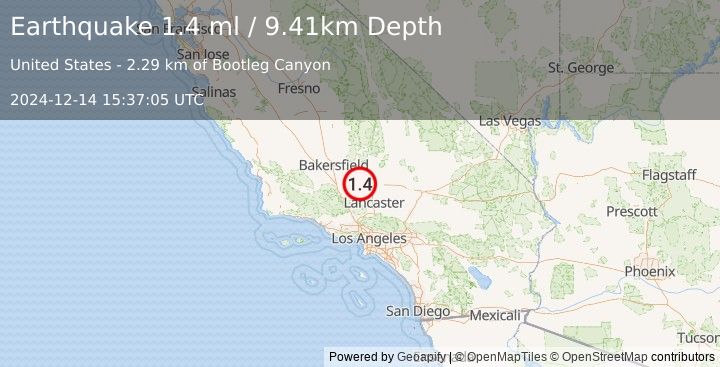 Earthquake 11 km S of Tehachapi, CA (1.4 ml) (2024-12-14 15:37:05 UTC)