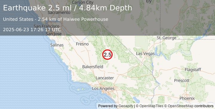 Earthquake 6 km NNE of Coso Junction, CA (2.3 ml) (2025-06-23 17:26:16 UTC)