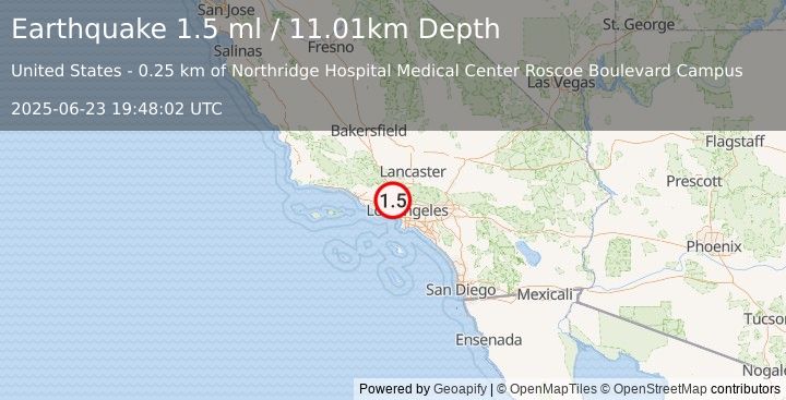 Earthquake 2 km S of Northridge, CA (1.5 ml) (2025-06-23 19:48:02 UTC)