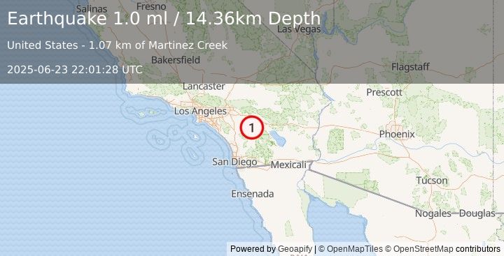 Earthquake 7 km NE of Anza, CA (1.0 ml) (2025-06-23 22:01:28 UTC)