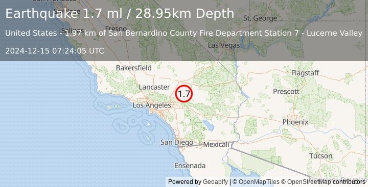 Earthquake 10 km E of Lucerne Valley, CA (1.7 ml) (2024-12-15 07:24:05 UTC)