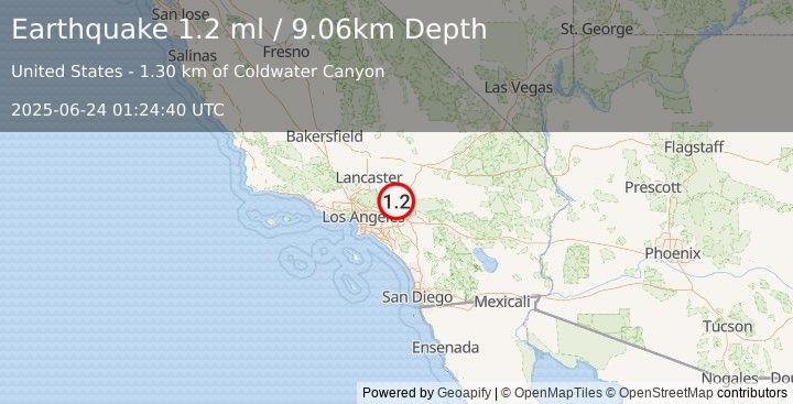 Earthquake 8 km WNW of Lytle Creek, CA (1.2 ml) (2025-06-24 01:24:40 UTC)