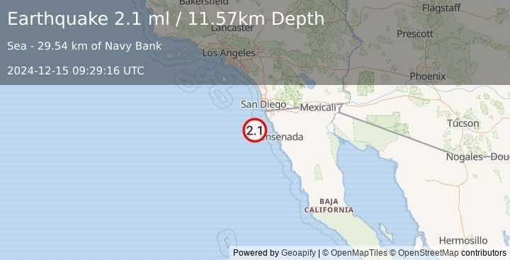 Earthquake 50 km SW of Rosarito, B.C., MX (2.1 ml) (2024-12-15 09:29:16 UTC)