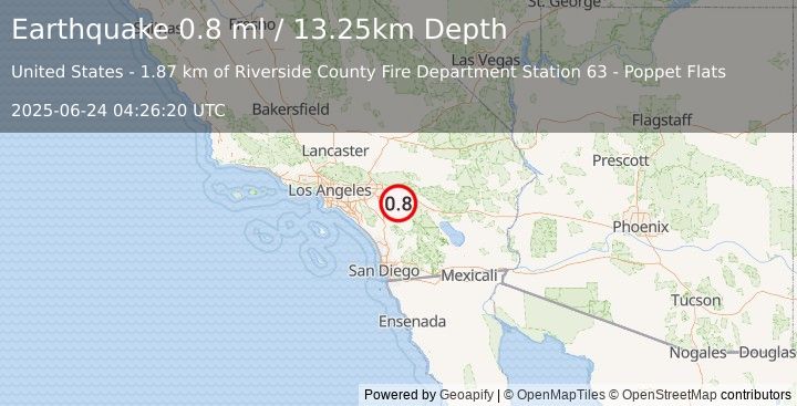 Earthquake 9 km NE of San Jacinto, CA (0.8 ml) (2025-06-24 04:26:20 UTC)