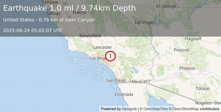 Earthquake 6 km NNE of Rancho Cucamonga, CA (1.0 ml) (2025-06-24 05:02:07 UTC)