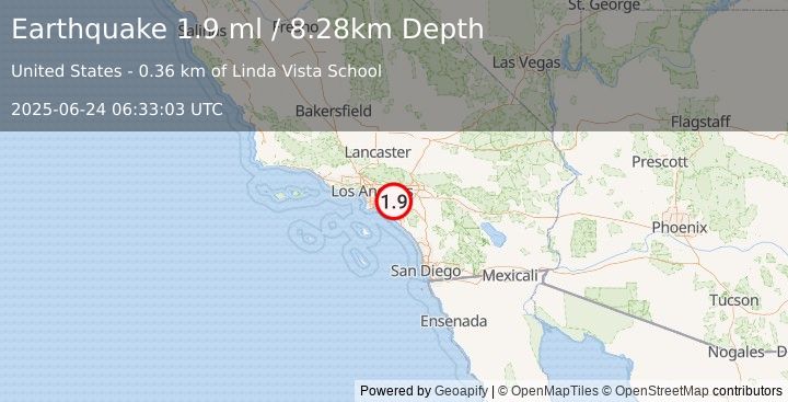 Earthquake 1 km SE of Yorba Linda, CA (1.9 ml) (2025-06-24 06:33:03 UTC)