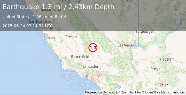 Earthquake 5 km SSE of Coso Junction, CA (1.3 ml) (2025-06-24 07:14:37 UTC)