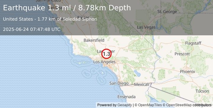 Earthquake 4 km NE of Vincent, CA (1.3 ml) (2025-06-24 07:47:48 UTC)