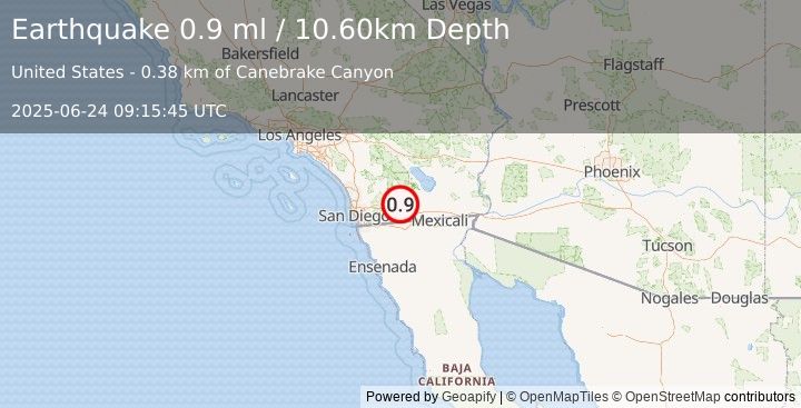 Earthquake 28 km ENE of Pine Valley, CA (0.9 ml) (2025-06-24 09:15:45 UTC)