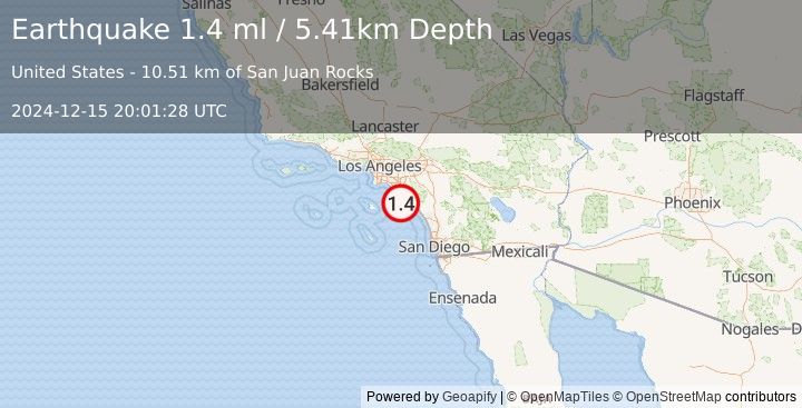 Earthquake 12 km WSW of Dana Point, CA (1.4 ml) (2024-12-15 20:01:28 UTC)