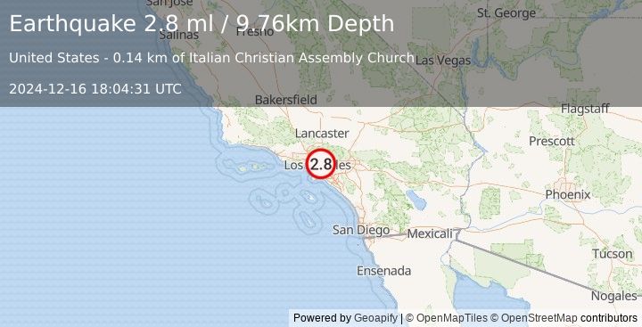 Earthquake 3 km WNW of Monterey Park, CA (2.8 ml) (2024-12-16 18:04:31 UTC)