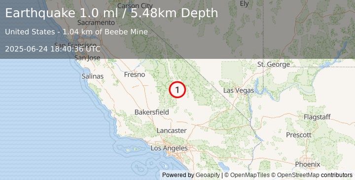 Earthquake 16 km NNE of Coso Junction, CA (1.0 ml) (2025-06-24 18:40:36 UTC)