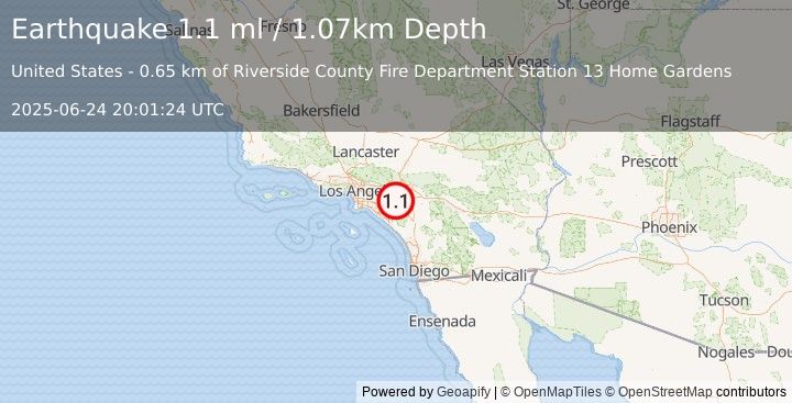 Earthquake 1 km SW of Home Gardens, CA (1.1 ml) (2025-06-24 20:01:24 UTC)
