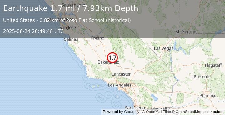 Earthquake 23 km WNW of Bodfish, CA (1.7 ml) (2025-06-24 20:49:48 UTC)