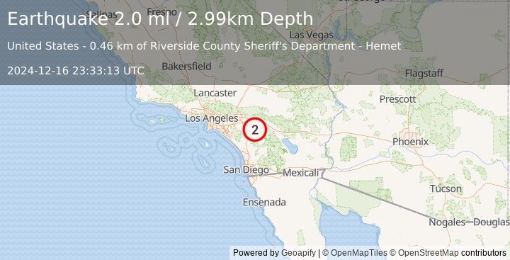 Earthquake 11 km SSW of Idyllwild, CA (2.0 ml) (2024-12-16 23:33:11 UTC)