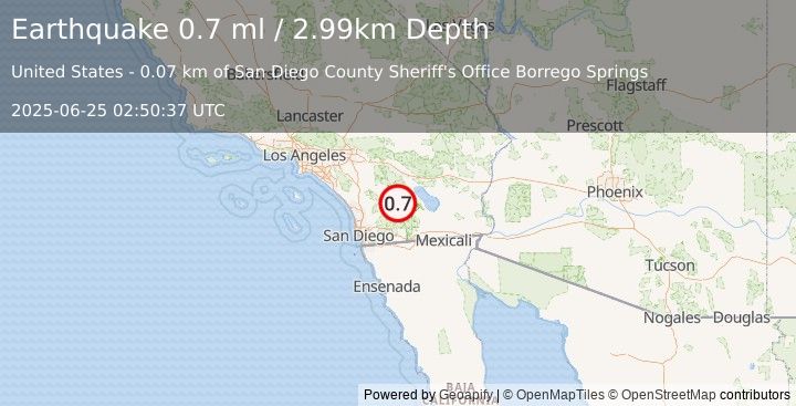 Earthquake 1 km W of Borrego Springs, CA (0.7 ml) (2025-06-25 02:50:37 UTC)