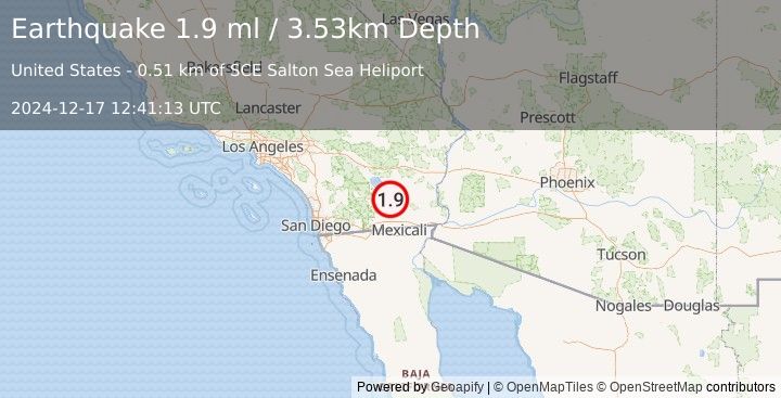 Earthquake 13 km WNW of Calipatria, CA (1.9 ml) (2024-12-17 12:41:13 UTC)