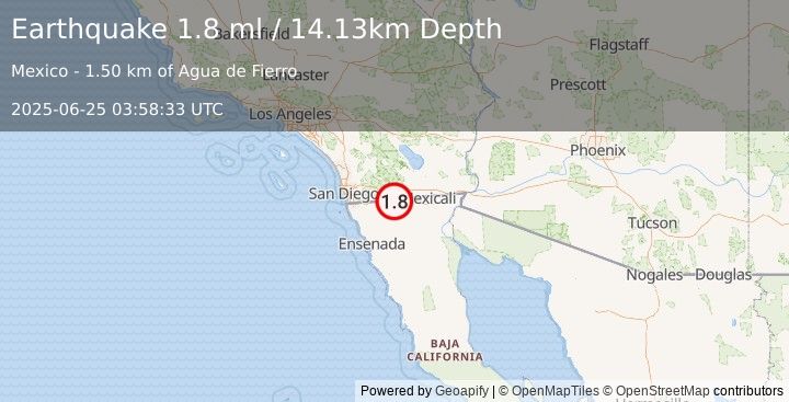 Earthquake 22 km SW of Ocotillo, CA (1.8 ml) (2025-06-25 03:58:33 UTC)