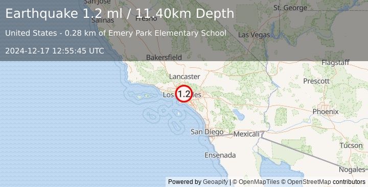 Earthquake 3 km WSW of Alhambra, CA (1.2 ml) (2024-12-17 12:55:45 UTC)