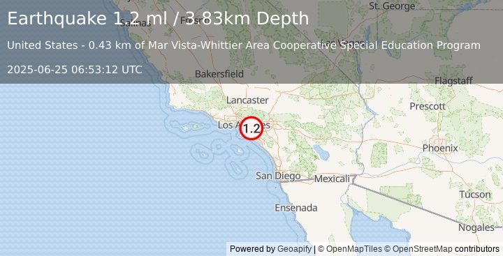 Earthquake 3 km ESE of Whittier, CA (1.2 ml) (2025-06-25 06:53:12 UTC)
